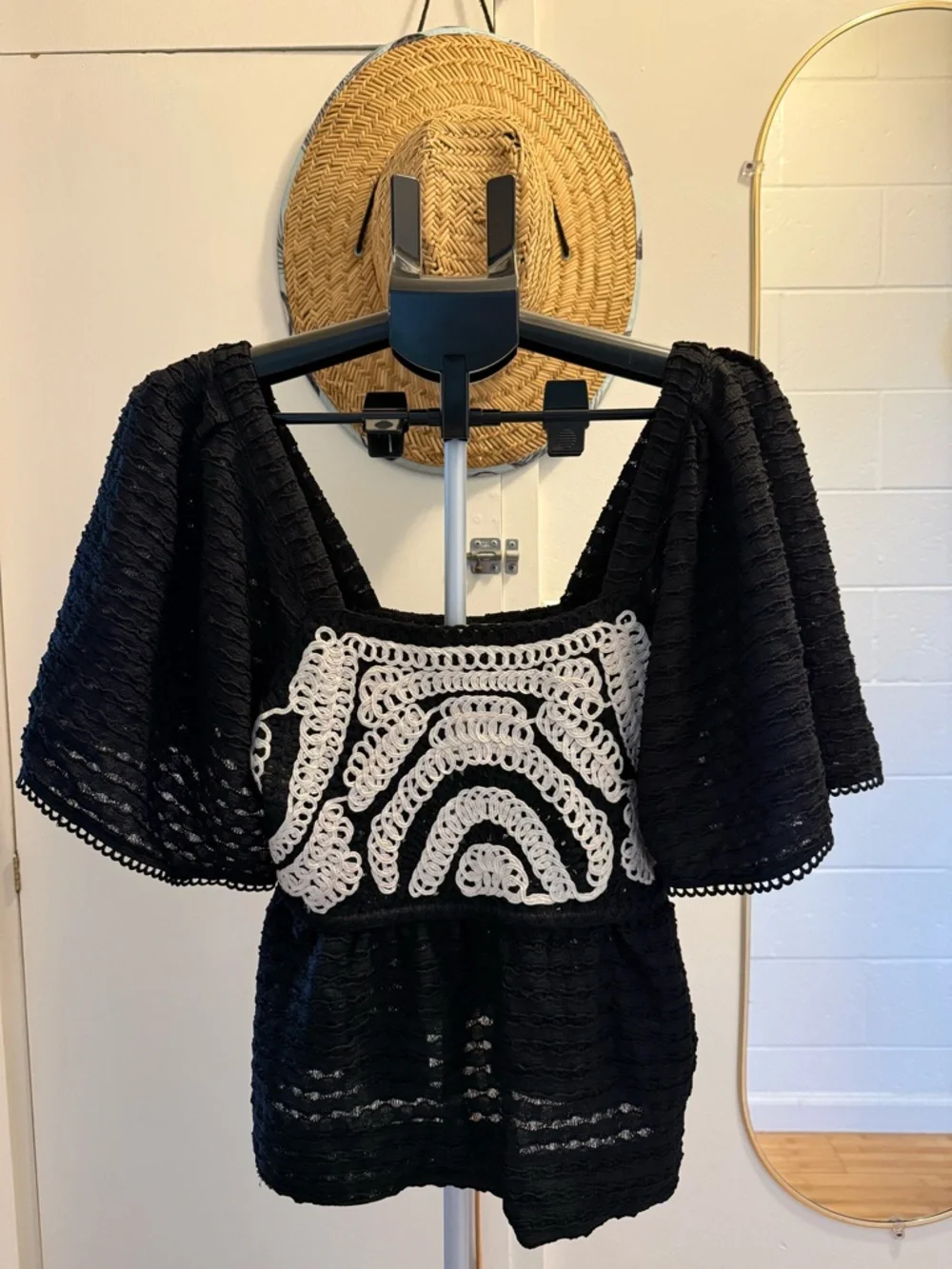 Anthropologie Black Blouse with Cream Crochet Panel - Picture 7 of 8